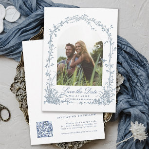 Stofbloem Blauwe Botanische Boog Tuin Trouwfoto Save The Date