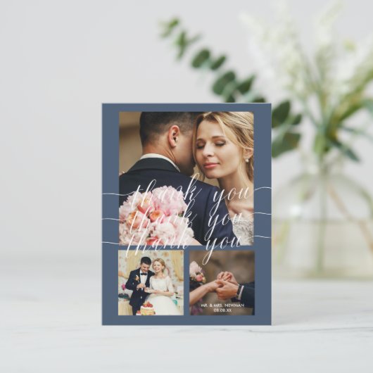 Stofbloem Blauwe Calligraphy 3 Foto Trouw Dank Je Briefkaart (Staand voorkant)