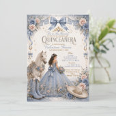 Stofbloem Blauwe Charra Quinceañera Uitnodiging (Staand voorkant)