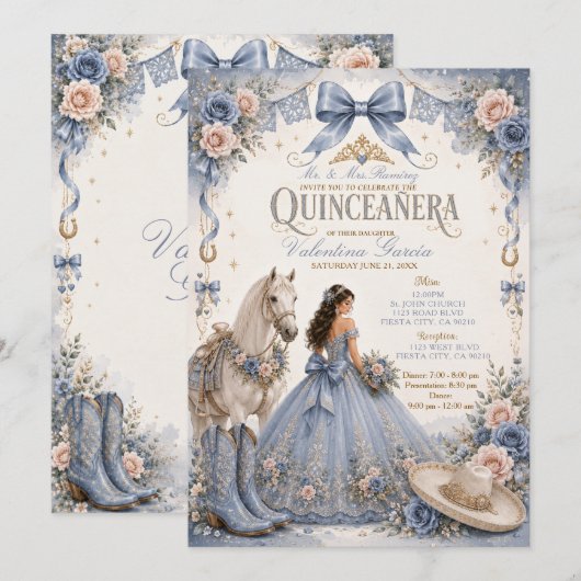Stofbloem Blauwe Charra Quinceañera Uitnodiging (Voorkant / Achterkant)