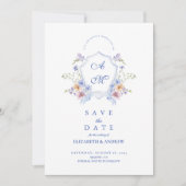 Stofbloem Blauwe Crest Bloemige Trouw Save The Date (Voorkant)