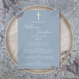 Stofbloem Blauwe Doop Christening Goud Folie Menu  Uitnodiging