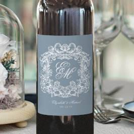 Stofbloem Blauwe Elegante Monogram Wapenschild Vin Wijn Etiket