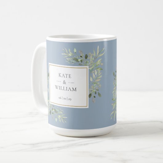 Stofbloem Blauwe Elegante Waterverf Groene Huwelij Koffiemok (Voorkant links)