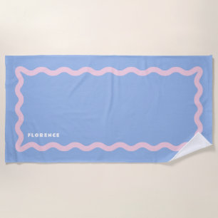 Stofbloem Blauwe en Bleek Roze Squiggle met Tekst Strandlaken