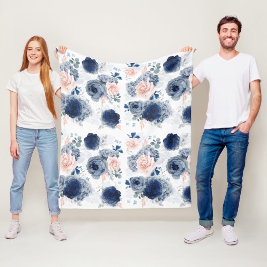 Stofbloem Blauwe en Blosroze Bloemen Elegant Stijl Fleece Deken (In situ)