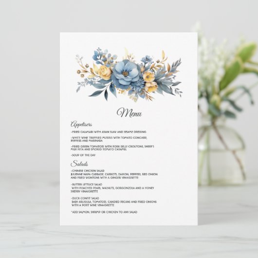 Stofbloem Blauwe en Gouden Bloemige Bruiloft Menu (Staand voorkant)