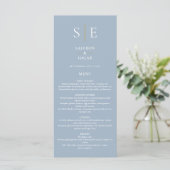 Stofbloem Blauwe En Gouden Monogram Trouwdiner Menu (Staand voorkant)