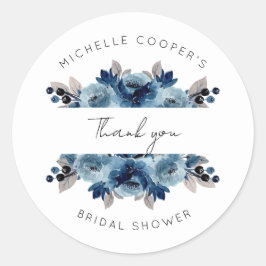 Stofbloem Blauwe en Marine Bloemige Dank Je Ronde Sticker