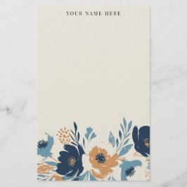 Stofbloem Blauwe en Oranje Bloemrijke Waterverf me Briefpapier
