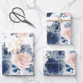 Stofbloem Blauwe en Roze Bloemen Elegante Botanisc Inpakpapier Vel