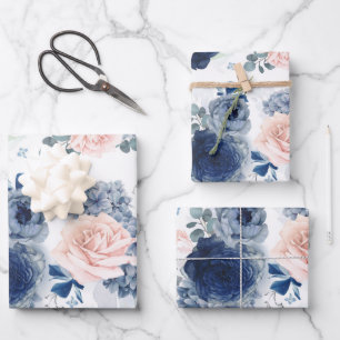 Stofbloem Blauwe en Roze Bloemen Elegante Botanisc Inpakpapier Vel