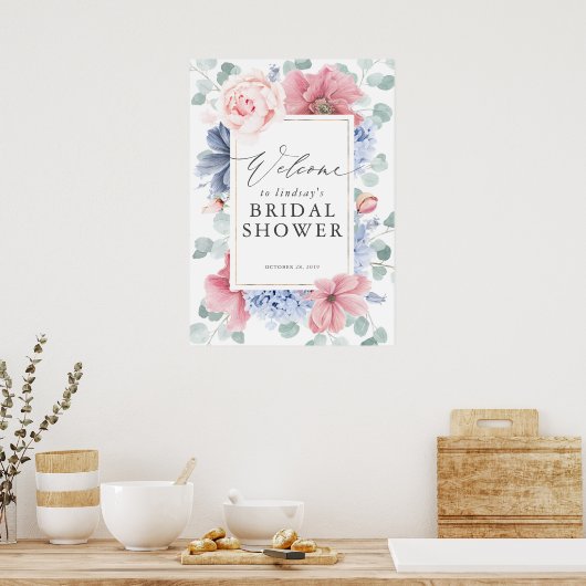 Stofbloem Blauwe en Roze Bloemige Bruiloft Feest V Poster (Keuken)