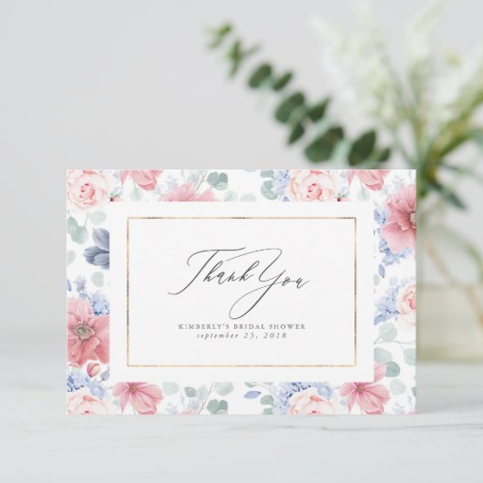 Stofbloem Blauwe en Roze Bloemige Elegante Kleine  Bedankkaart (Staand voorkant)