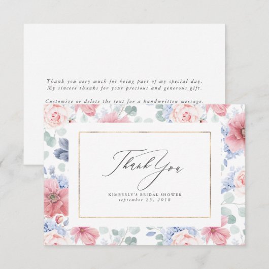 Stofbloem Blauwe en Roze Bloemige Elegante Kleine  Bedankkaart (Voorkant / Achterkant)