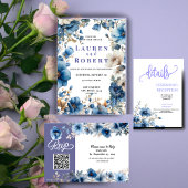 Stofbloem blauwe en witte bloemen bruiloft uitnodi kaart