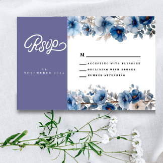 Stofbloem blauwe en witte bloemige trouwreactiekaa RSVP kaartje