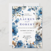 Stofbloem blauwe en witte bloemige trouwuitnodigin kaart (Voorkant)