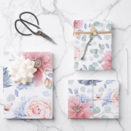 Stofbloem Blauwe en Zachte Roze Bloemen Botanisch  Inpakpapier Vel