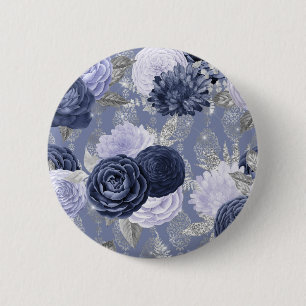 Stofbloem blauwe en zilveren bloemen trouw halsban ronde button 5,7 cm