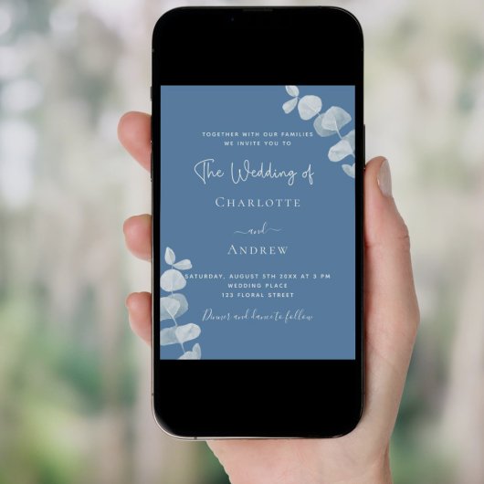 Stofbloem blauwe eucalyptus luxe trouwkaart kaart