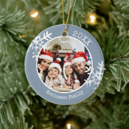 Stofbloem Blauwe Familie Foto Sneeuwvlok Kerstmis Keramisch Ornament