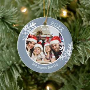 Stofbloem Blauwe Familie Foto Sneeuwvlok Kerstmis Keramisch Ornament