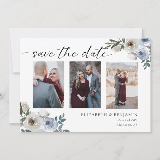 Stofbloem Blauwe Foto Bruiloft Save the Date Elega (Voorkant)