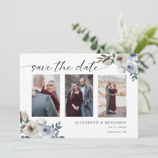 Stofbloem Blauwe Foto Bruiloft Save the Date Elega (Staand voorkant)