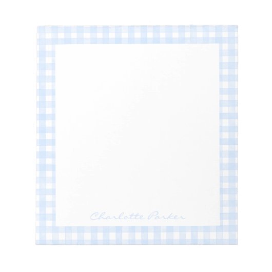 Stofbloem Blauwe Gingham Aangepaste Naam Notitieblok (Voorkant)