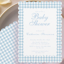 Stofbloem Blauwe Gingham Baby Shower Uitnodiging