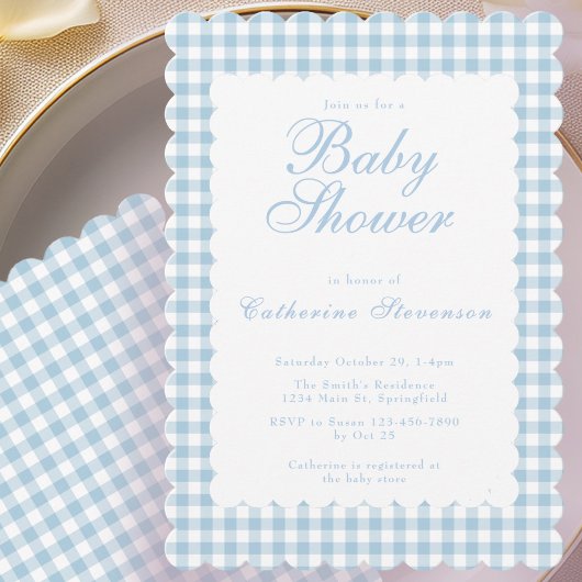 Stofbloem Blauwe Gingham Baby Shower Uitnodiging