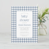 Stofbloem Blauwe Gingham Geruite Baby Shower Kaart (Staand voorkant)