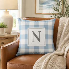 Stofbloem Blauwe Gingham Geruite Monogram Initiaal Kussen