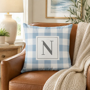 Stofbloem Blauwe Gingham Geruite Monogram Initiaal Kussen