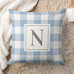 Stofbloem Blauwe Gingham Geruite Monogram Initiaal Kussen