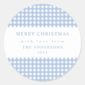 Stofbloem Blauwe Gingham Kerstmis Ronde Sticker (Voorkant)