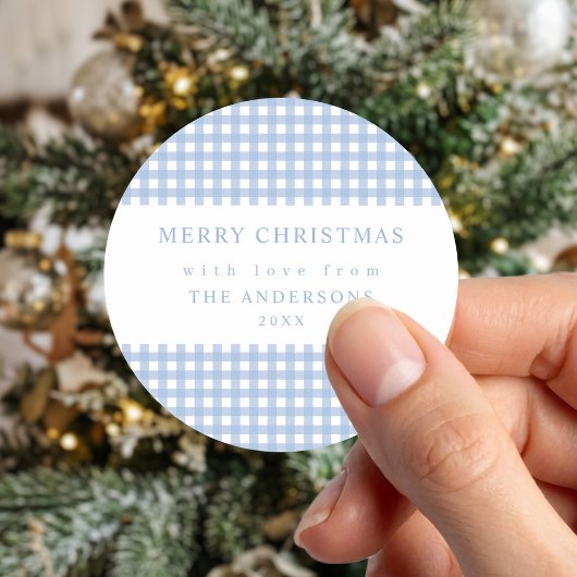 Stofbloem Blauwe Gingham Kerstmis Ronde Sticker