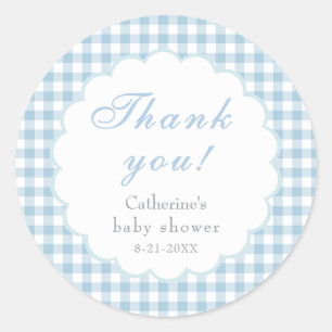 Stofbloem Blauwe Gingham Klassieke Baby Shower Sti Ronde Sticker