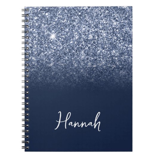 Stofbloem Blauwe Glitter Navy Ombre Script Naam Notitieboek (Voorkant)