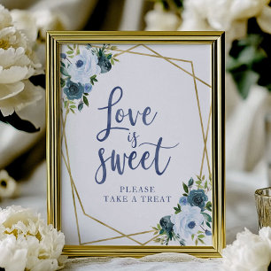 Stofbloem Blauwe Gouden Bloem Love Is Sweet Bord Poster