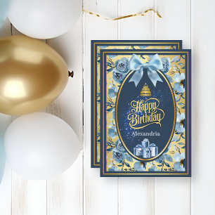 Stofbloem Blauwe Gouden Boog Bloemrijke Script Ver