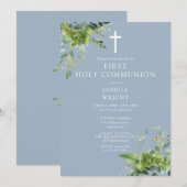Stofbloem Blauwe Groene Monogram Eerste Heilige Co Save The Date (Voorkant / Achterkant)