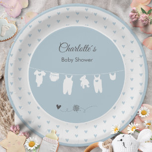 Stofbloem Blauwe Hartjes Boho Baby Shower Jongen Papieren Bordje