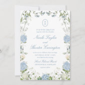 Stofbloem Blauwe Hortensia Monogram Trouw Crest Kaart (Voorkant)
