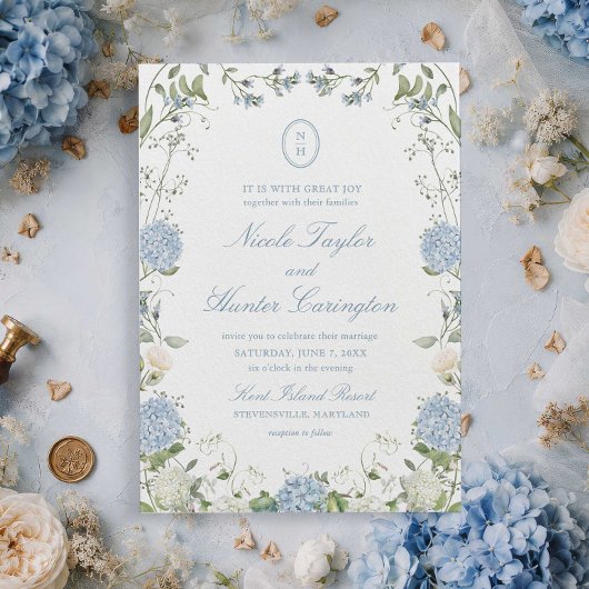 Stofbloem Blauwe Hortensia Monogram Trouw Crest Kaart