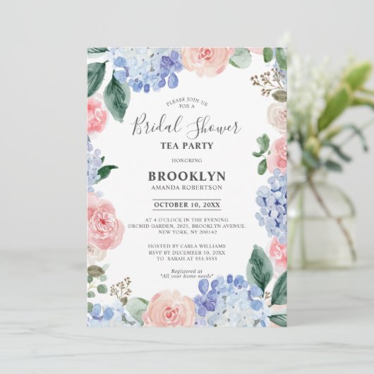 Stofbloem blauwe hortensia's Bruidsdouche Thee Fee Kaart (Staand voorkant)