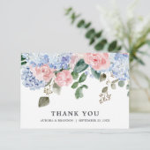 Stofbloem blauwe hortensia's rozen huwelijksjubile bedankkaart (Staand voorkant)