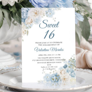 Stofbloem Blauwe Ivoren Roos Bloemen Sweet Sixteen Kaart