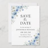 Stofbloem Blauwe Ivoren Save The Date Kaart (Voorkant)